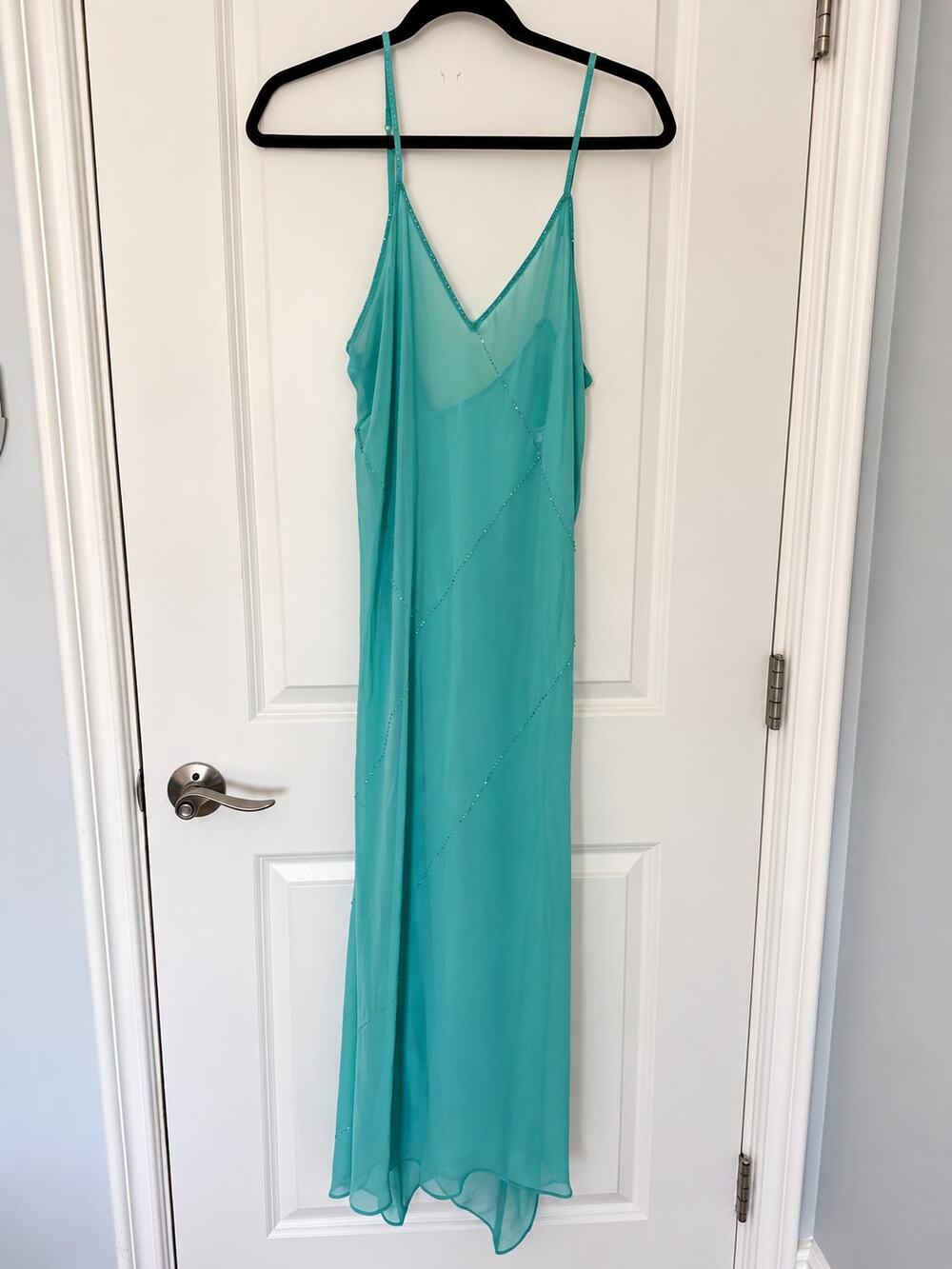 Vintage Y2K Valerie Stevens Aquamarine Beaded Chiffon Maxi Dress L